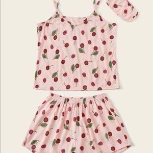 Cherry Print Cami Pajama Set With Eye Cover